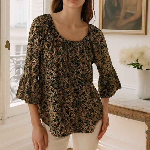 MICHAEL Michael Kors Boho Peasant Chain Print 3/4 Sleeve Women's Top Size - Picture 1 of 14